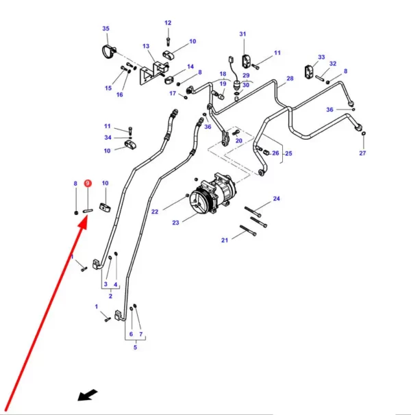 Oryginalna szpilka mocująca przewody klimatyzacji o wymiarach M8 x 50 i numerze katalogowym 3010537X1, stosowana w ciągnikach rolniczych marki Massey Ferguson, Valtra, Challenger schemat.