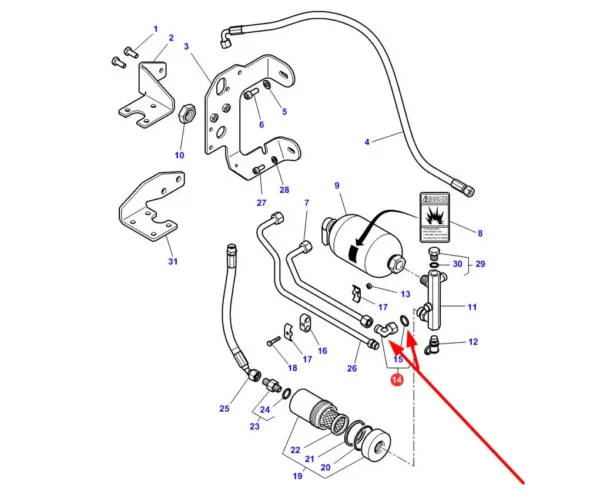 Oryginalne kolano układu hydraulicznego wraz z pierścieniem uszczelniającym, stosowane w ciągnikach rolniczych marek Challenger, Massey i Valtra schemat