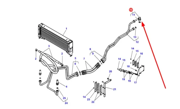 Oryginalne złącze układu chłodzenia oleju hydraulicznego o numerze katalogowym 3011086X91, stosowane w ciągnikach rolniczych marek Massey Ferguson, Challenger i Valtra. schemat