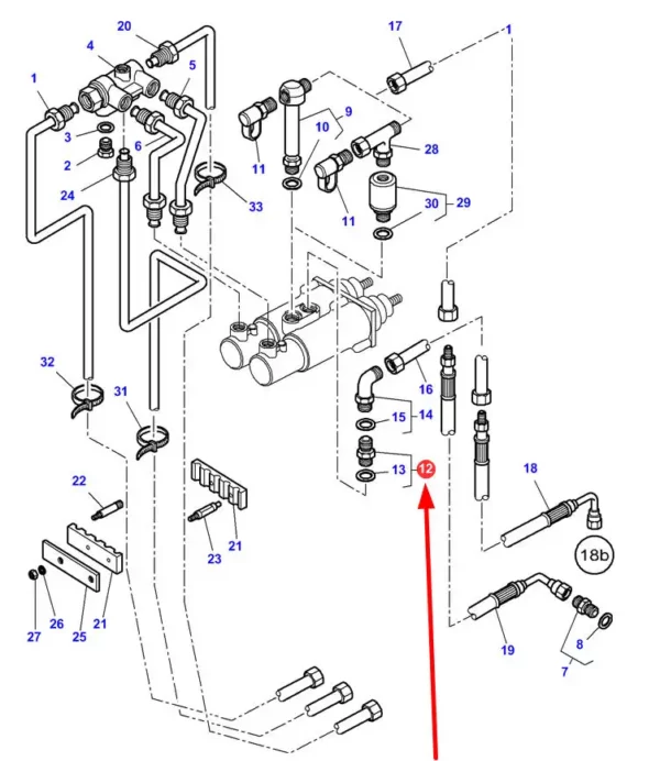 Oryginalna złączka gwintowana o wymiarach gwintu M14, M18 i numerze katalogowym 3011250X91, szeroko stosowana w ciągnikach rolniczych marek Massey Ferguson, Valtra, Challenger schemat.