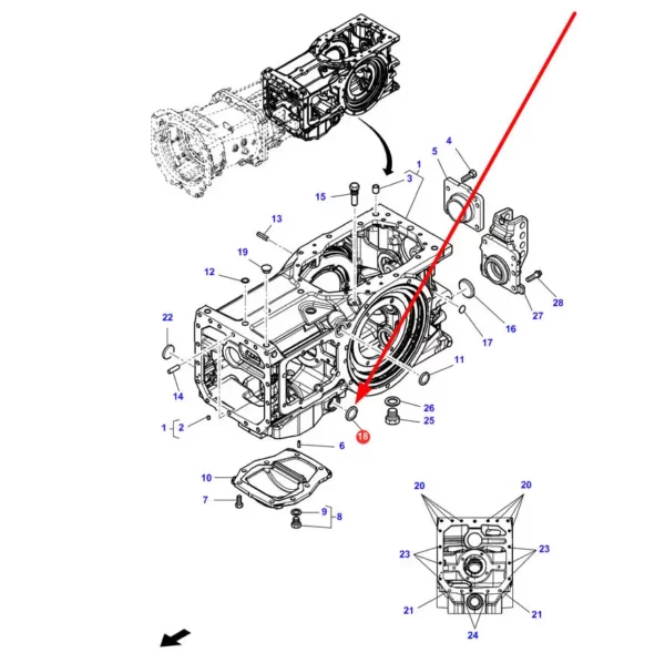 Oryginalna zaślepka obudowy skrzyni biegów o średnicy fi 40 mm i numerze katalogowym 3011306X1, stosowana w ciągnikach rolniczych marki Massey Ferguson, Challenger schemat.