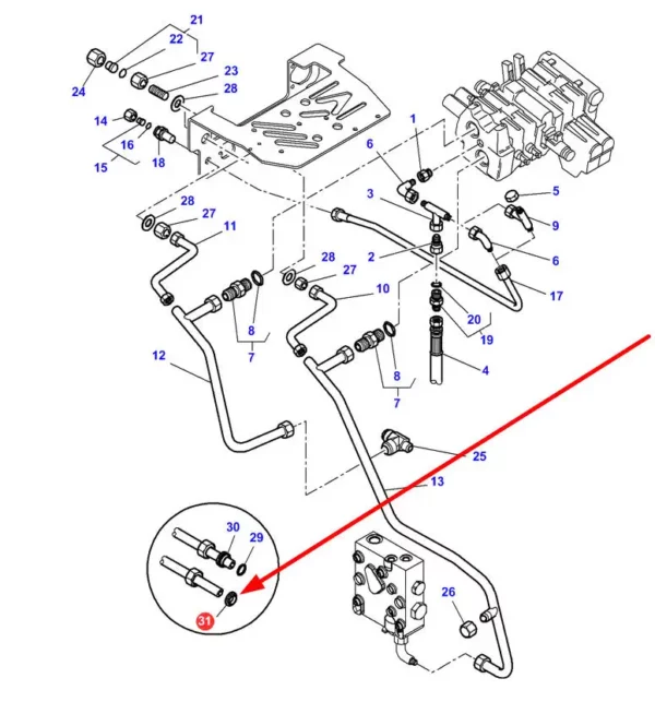 Oryginalna tuleja uszczelniająca gumowa o średnicy 18 mm i numerze katalogowym 3011808X1, szeroko stosowana w ciągnikach rolniczych marek Massey Ferguson, Valtra, Challenger schemat.