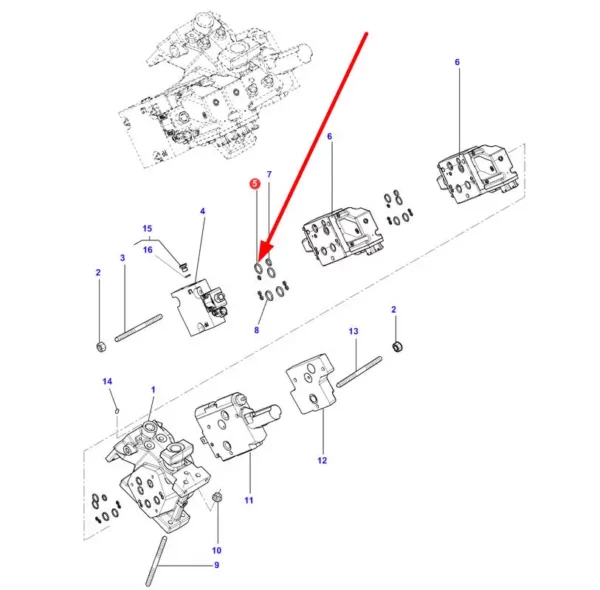 Oryginalny pierścień oring o wymiarach R16 x 2,5mm i numerze  katalogowym 3011911X1, stosowany w ciągnikach rolniczych marki Massey Ferguson schemat.