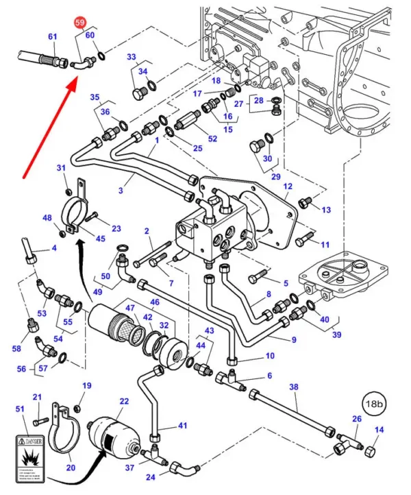 Oryginalna redukcja o wymiarach M18 9/16-18, stosowana w ciągnikach rolniczych marki Massey Ferguson oraz Challenger. schemat