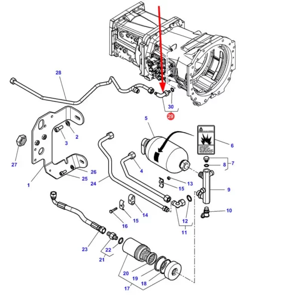 Oryginalny króciec przewodu hydrauliocznego o numerze katalogowym 3014134X91, szeroko stosowany w maszynach i pojazdach rolniczych marek Massey Ferguson i Challenger. schemat