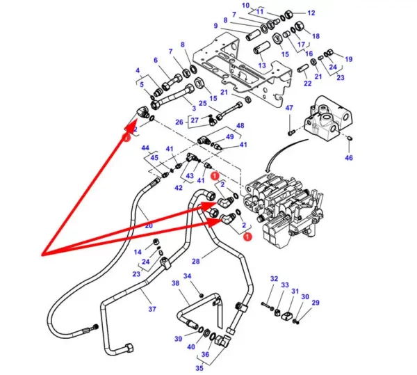 Oryginalne kolanko hydrauliczne 90 st. o wymiarach M22 x 1,5, stosowane w instalacjach hydraulicznych ciągników rolniczych marki Massey Ferguson schemat