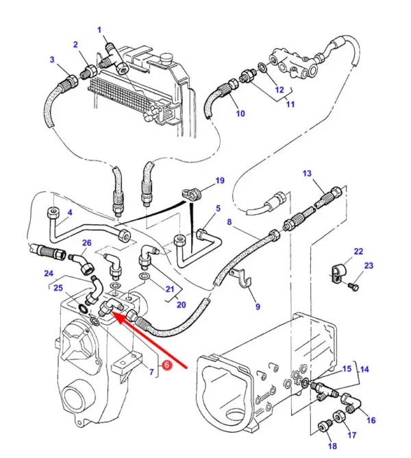 Oryginalne kolanko przewodu hydraulicznego, stosowane w ciągnikach rolniczych marki Massey Ferguson, Challenger, Fendt oraz Valtra. schemat