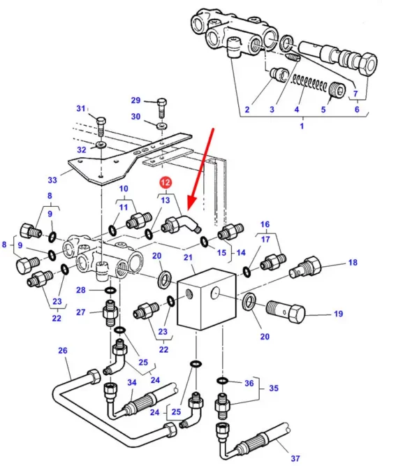 Oryginalne kolanko przewodu hydraulicznego, stosowane w ciągnikach rolniczych marki Massey Ferguson.