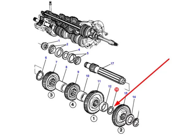 Oryginalna podkładka dystansowa wału głównego skrzyni biegów o grubości 0,2 mm i numerze katalogowym 3042846M1, stosowana w ciągnikach rolniczych marki Massey Ferguson schemat