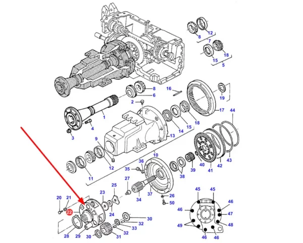 Oryginalne jarzmo mechanizmu planetarnego tylnej osi, stosowane w ciągnikach rolniczych marki Massey Ferguson schemat