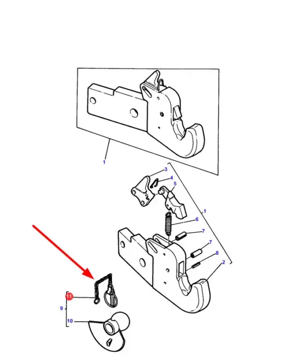 Oryginalny zatrzask, stosowany w ciągnikach rolniczych marek Massey Ferguson i Challenger. schemat