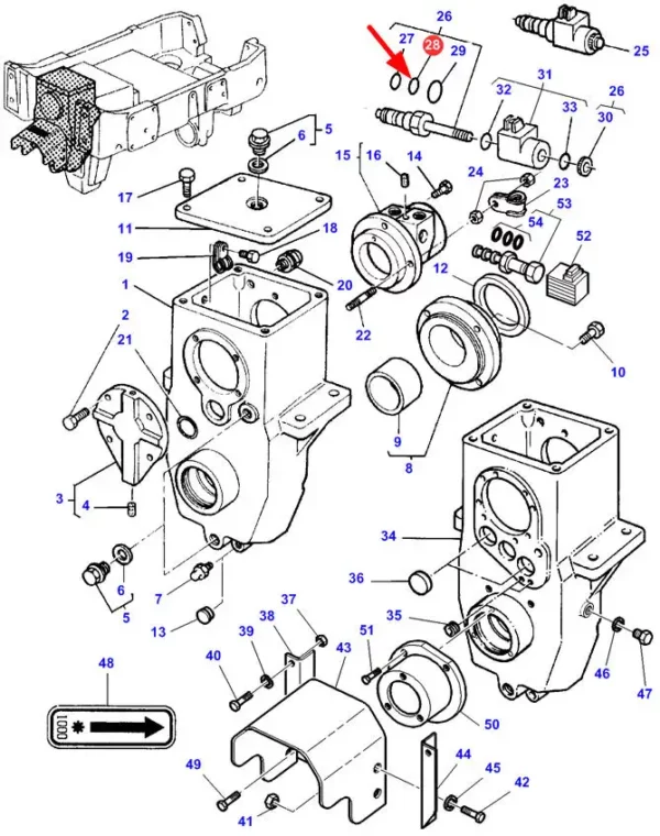 Oryginalny pierścień oring obudowy przedniego WOM o wymiarach 13,5 x 1,7mm, numerze katalogowym 3104855M1, stosowany w ciągnikach rolniczych marki Massey Ferguson schemat.