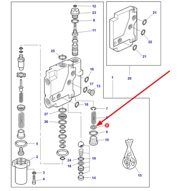 Oryginalna podkladka sprężyny zaworu gniazda hydraulicznego o numerze katalogowym 3108243M1, stosowane w ciągnikach rolniczych marki Massey Ferguson. schemat