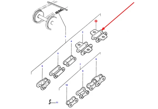 Oryginalna spinka z uchwytem łańcucha przenośnika pochyłego 4 o numerze katalogowym 329988M91, stosowana w kombajnach zbożowych marki Massey Ferguson. schemat