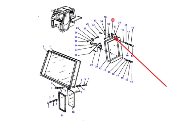 Oryginalny zawias bocznej szyby kabiny o numerze katalogowym 3301221M2, stosowany w ciągnikach rolniczych marki Massey Ferguson. schemat