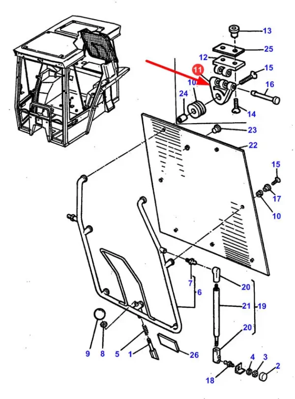 Oryginalny zawias szyby tylnej o numerze katalogowym 3301222M1, stosowany w ciągnikach rolniczych marki Massey Ferguson schemat.