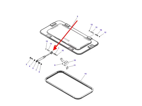 Oryginalny uchwyt plastikowy siłownika szyberdachu, stosowany w ciągnikach rolniczych marki Massey Ferguson. schemat
