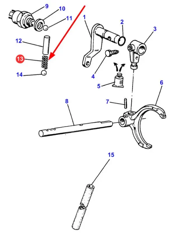 Oryginalna sprężyna wybieraka biegów, średnica 8,8 mm, długość 42 mm, stosowana w ciągnikach marki Massey Ferguson schemat.