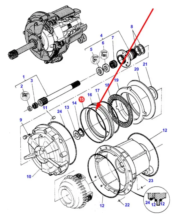 Oryginalny pierścień oring o wymiarach 250 x 3,53 mm momętu obrotowego i numerze katalogowym 3382250M2, stosowany w ciągnikach rolniczych marek Massey Ferguson oraz Challenger schemat.