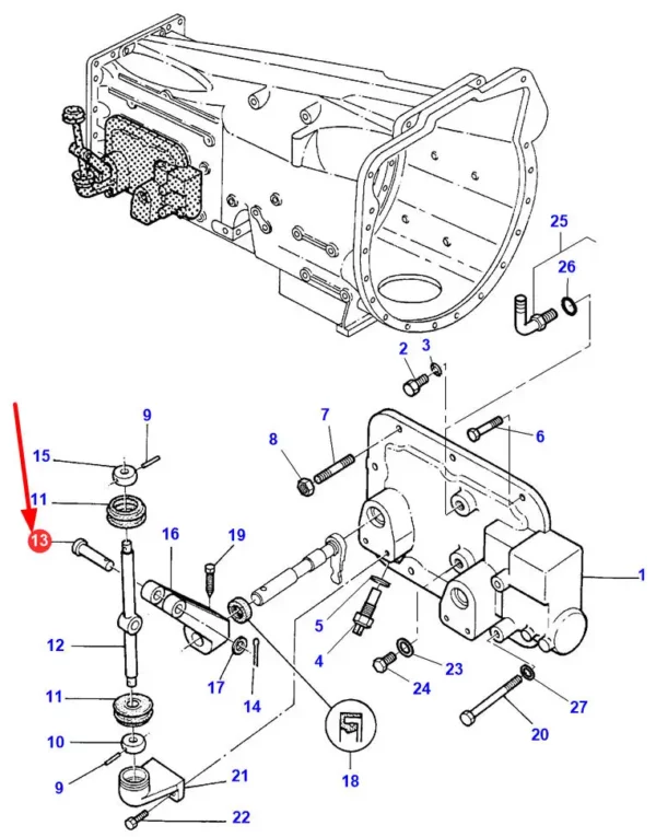 Oryginalny sworzeń metalowy o wymiarach 12 x 65 mm i numerze katalogowym 3383531M1, stosowany w ciagnikach rolniczych marki Massey Ferguson schemat.