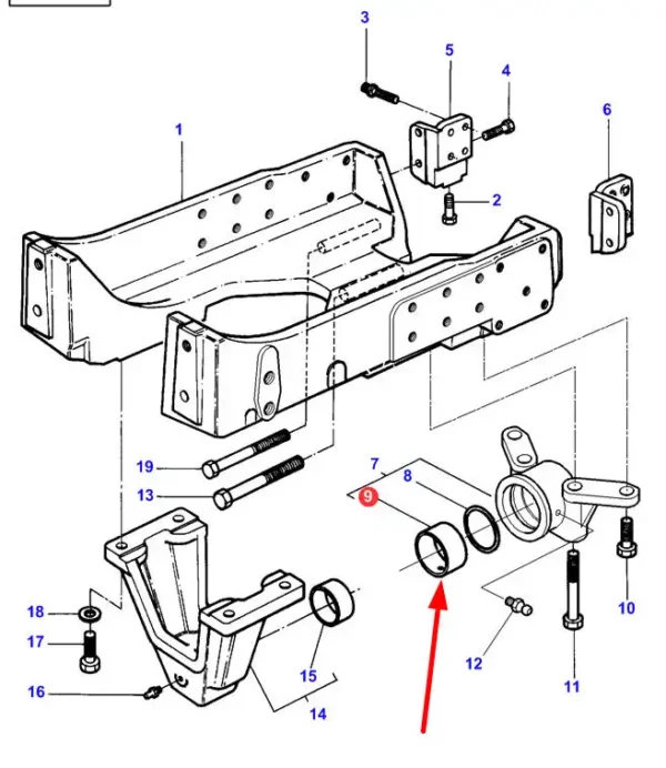 Oryginalna tuleja ślizgowa zawieszenia przedniej osi o wymiarach 95 x 101 x 55 mm, numerze katalogowym 3384093M1, stosowana w ciągnikach rolniczych marki Massey Ferguson schemat