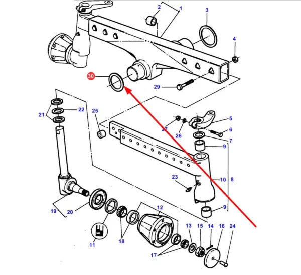 Oryginalny pierścień sworznia przedniej osi o numerze katalogowym 3384097M1, stosowany w ciągnikach rolniczych marki Massey Ferguson. schemat