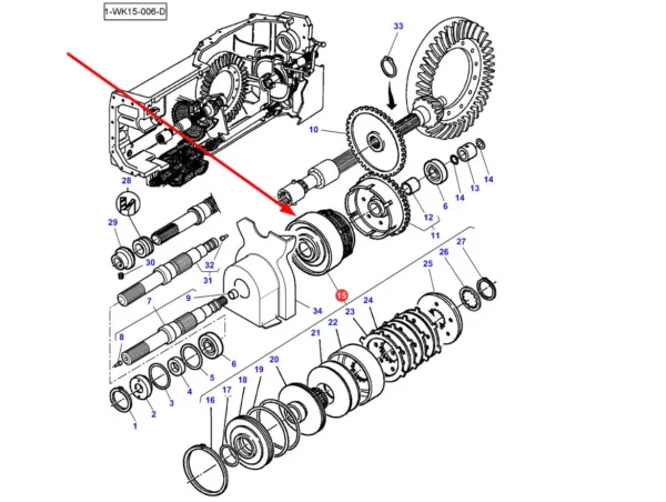 Oryginalny kosz sprzęgłowy o numerze katalogowym 3384501M18, stosowany w ciągnikach rolniczych marki Massey Ferguson. schemat