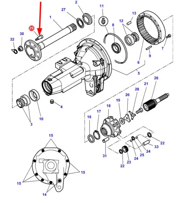 Oryginalna śruba koła o wymiarach M18 x 64 mm i numerze katalogowym 3384602M6, stosowana w ciągnikach rolniczych marek Challenger oraz Massey Ferguson schemat.