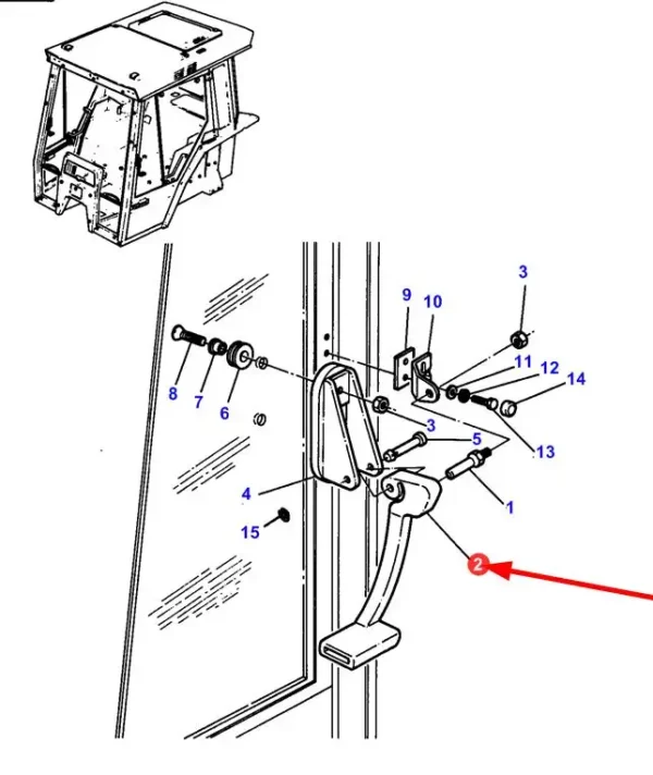 Oryginalna dźwignia zamknięcia szyby bocznej o numerze katalogowym 3385128M1, stosowana w ciągnikach rolniczych marki Massey Ferguson- schemat.