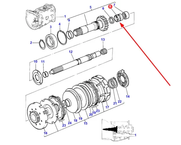 Oryginalna tuleja łożyska skrzyni biegów o numerze katalogowym 3385869M1, stosowana w ciągnikach rolniczych marki Massey Ferguson schemat