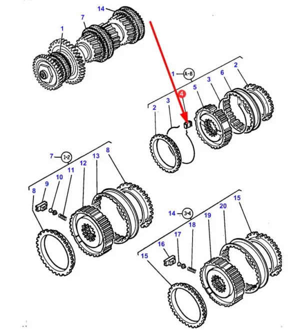 Oryginalne zabezpieczenie metalowe synchronizatora o numerze katalogowym 3385890M1, stosowane w ciągnikach rolniczych marki Massey Ferguson schemat