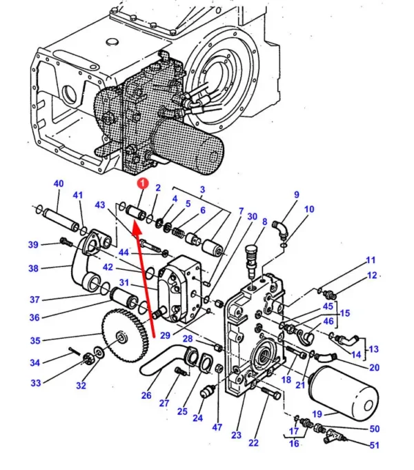 Oryginalna tuleja zaworu zwrotnego o numerze katalogowym 3386533M2, stosowana w ciągnikach rolniczych marki Massey Ferguson schemat.