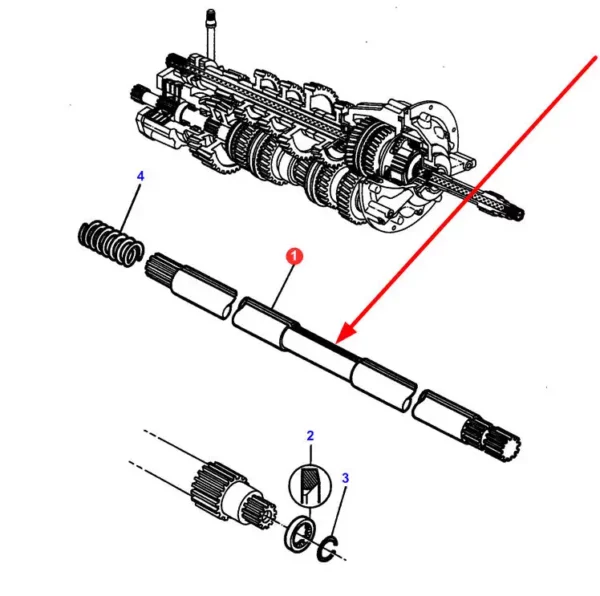 Oryginalny wał przekaźnika mocy o numerze katalogowym 3387383M2, stosowany w ciągnikach rolniczych marki Massey Ferguson schemat.