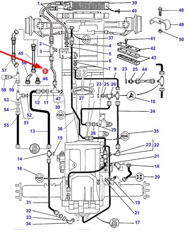 Oryginalny przewód hydrauliczny gumowy o numerze katalogowym 3387588M2, stosowany w ciągniakch rolniczych marki Massey Ferguson- schemat.