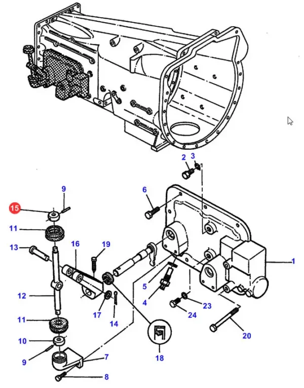 Oryginalny łącznik plastikowy dźwigni biegów, stosowany w maszynach marki Massey Ferguson. schemat
