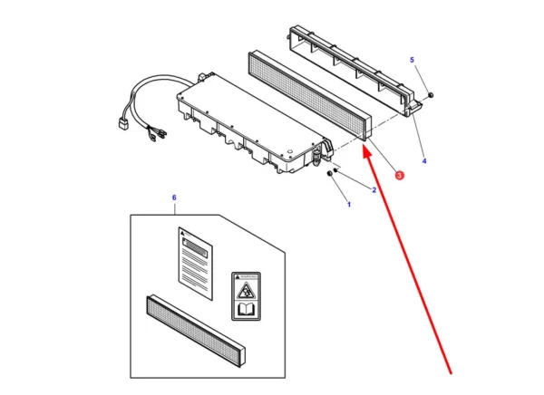 Oryginalny panelowy filtr powietrza kabiny o numerze katalogowym 3388840M3, stosowany w ciągnikach rolniczych marek Massey Ferguson i Challenger. schemat