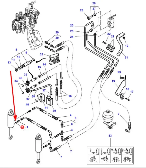 Oryginalna uszczelka układu hydraulicznego przedniego podnośnika, stosowana w ciągnikach marki Massey Ferguson schemat.