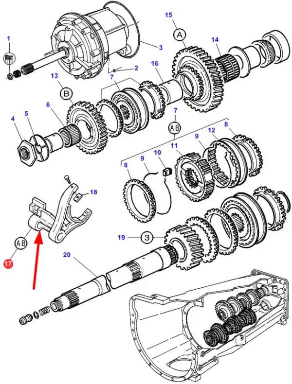 Oryginalne widełki skrzyni biegów o numerze katalogowym 3389407M3, stosowane w ciągnikach rolniczych marki Massey Ferguson schemat.