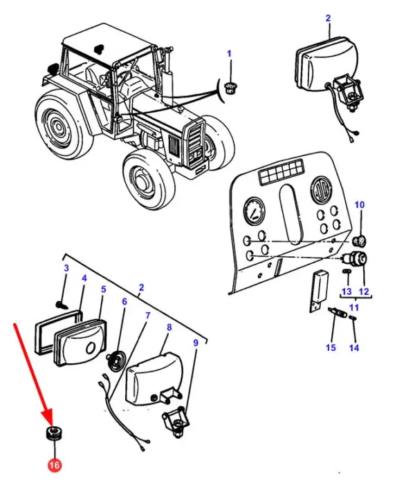 Oryginalna osłona gumowa przewodów elektrycznych lamp roboczych tylnych o numerze katalogowym 338977X1, stosowana w ciągnikach rolniczych marki Massey Ferguson schemat.