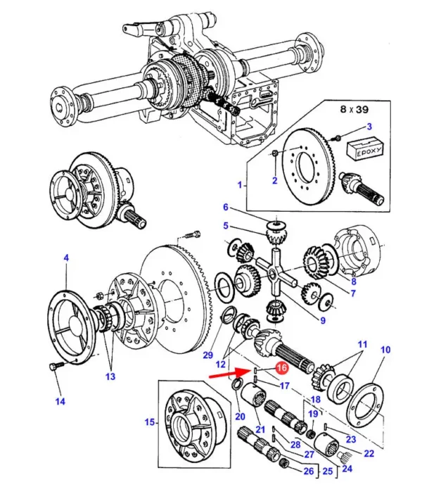 Oryginalny kołek tulei dyferencjału osi tylnej o numerze katalogowym 339313X1, stosowany w ciągnikach rolniczych marek Challanger i Massey Ferguson schemat