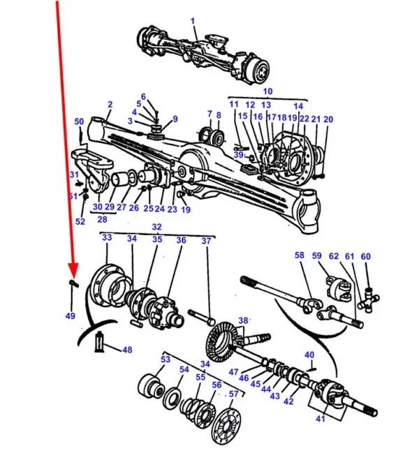 Oryginalna śruba mocowania dyferencjału o długości 22 mm i numerze katalogowym 3426929M1, stosowana w ciągnikach rolniczych marki Massey Ferguson schemat.