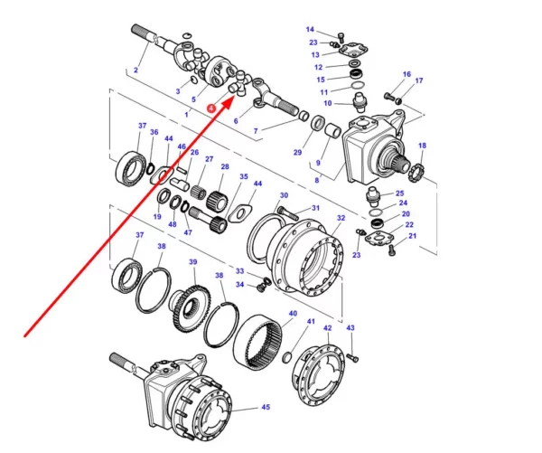 Krzyżak półosi przedniego napędu o numerze katalogowym 070610002, stosowany w ciągnikach rolniczych marki Massey Ferguson schemat.