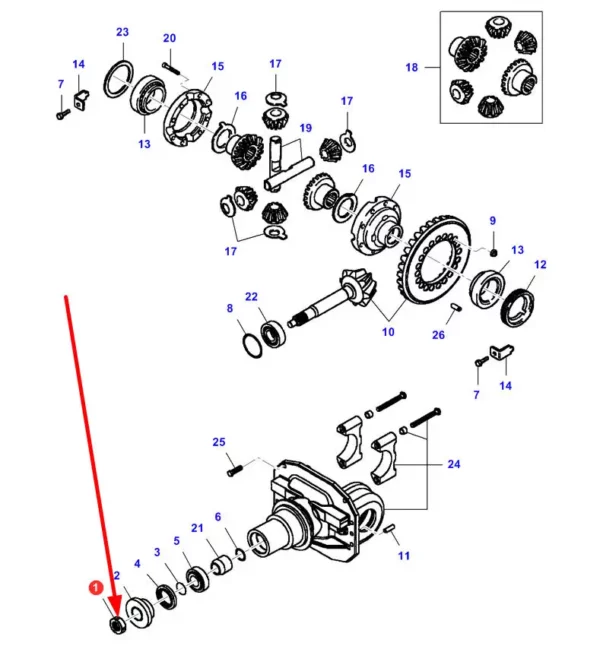 Oryginalna nakrętka mostu o numerze katalogowym 3428237M1, stosowana w ciągnikach rolniczych marki Massey Ferguson schemat.