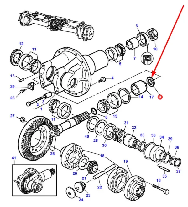 Oryginalny pierścień dystansowy dyferencjału przedniej osi o wymiarach 0,70 mm, numerze katalogowym 3428293M1, stosowany w ciągnikach rolniczych marek Massey Ferguson i Challenger schemat.