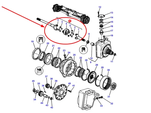 Oryginalna kompletna przednia półoś napędowa, stosowana w ciągnikach rolniczych marki Massey Ferguson schemat