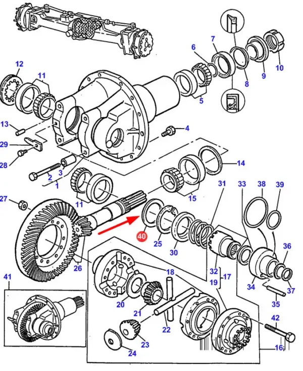 Oryginalna podkładka dystansowa, o grubości 1 mm, montowana w mechanizmie różnicowym osi przedniej, stosowana w ciągnikach rolniczych marki Massey Ferguson schemat.