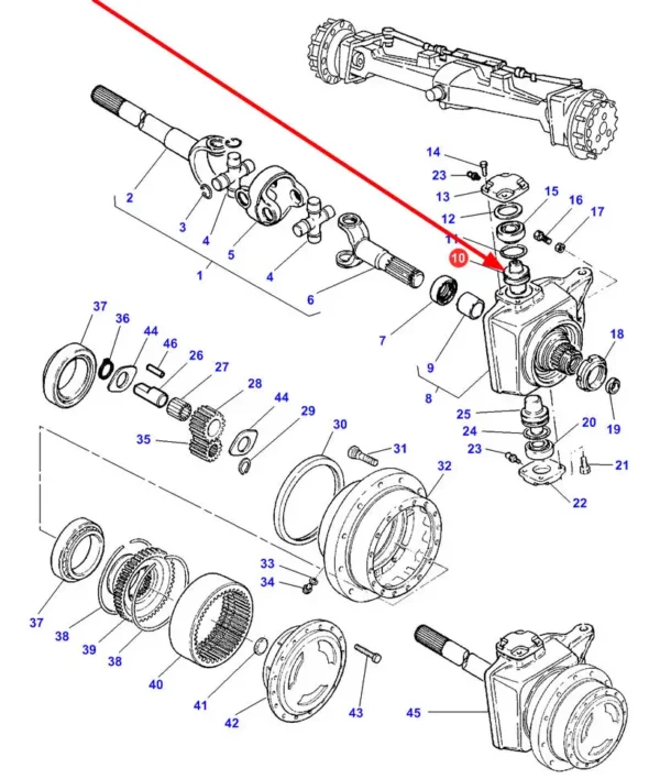 Oryginalny trzpień przedniej osi o numerze katalogowym 3429864M1, stosowany w ciągnikach rolniczych marki Massey Ferguson i Challenger schemat.