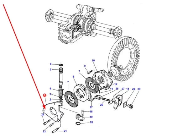 Oryginalne mocowanie mechanizmu hamulca ręcznego o numerze katalogowym 3581316M1, stosowane w ciągnikach rolniczych marki Massey Ferguson schemat.