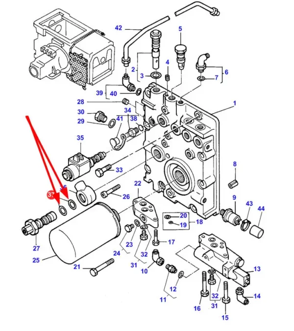 Oryginalny uszczelniacz zaworu ciśnieniowego, stosowany w ciągnikach rolniczych marki Massey Ferguson schemat