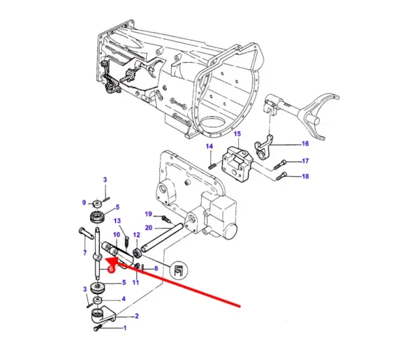 Oryginalna dźwignia skrzyni biegów, stosowana w ciągnikach rolniczych marki Massey Ferguson. schemat